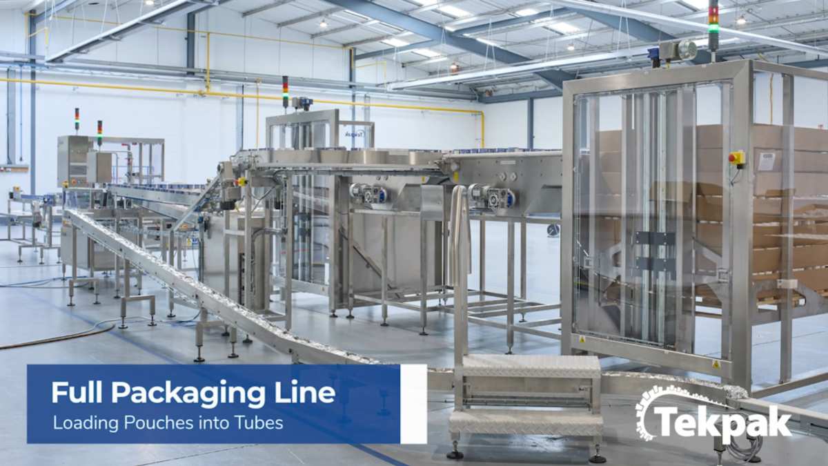 Packaging line for loading pouches into tubes automation system