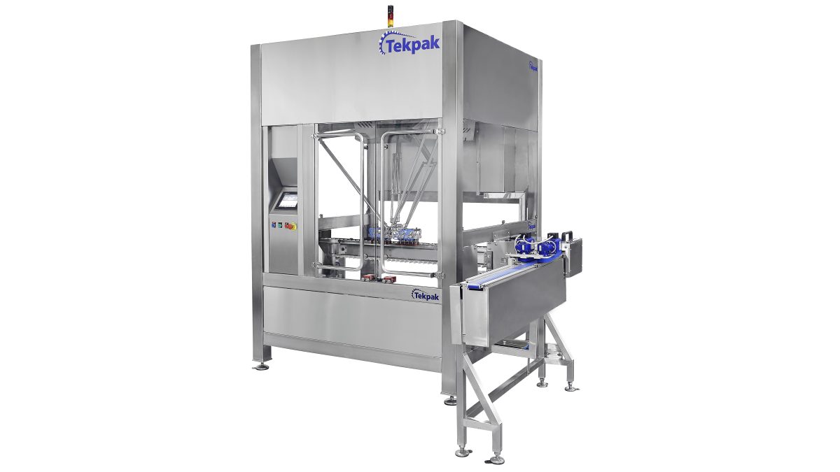 Pick and place robot loading flow wrapped bars into cartoner infeed